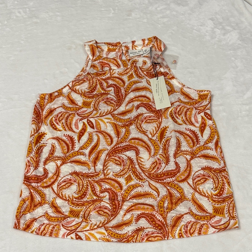 Rachel Zoe Vibrant Paisley Pure Linen Tank Top - Orange and Cream